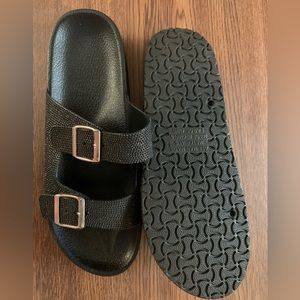 Brand new generic Birkenstock style size 9/10 black with silver sparkle.